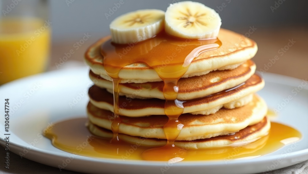 Pancake tower topped with honey and banana slices Pancake tower topped with honey and banana slices
