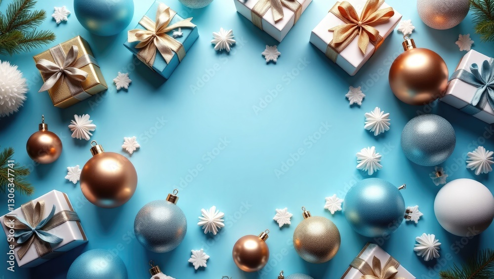 Bird's-eye view of festive presents and Christmas decorations on a blue and white surface with open space. Bird's-eye view of festive presents and Christmas decorations on a blue and white surface with open space.