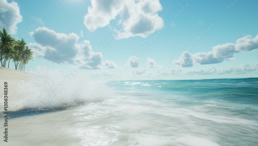 Tropical beach scene with waves crashing on the shore, palm trees on the sand, a bright sunny sky with clouds. Tropical beach scene with waves crashing on the shore, palm trees on the sand, a bright sunny sky with clouds.
