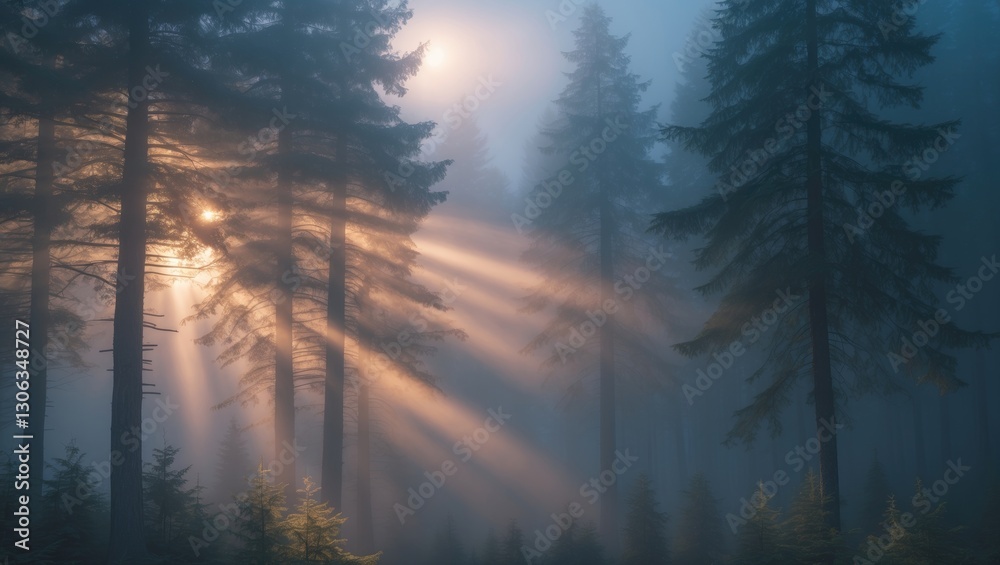 Obraz premium Mysterious ambiance created by sunlight piercing through fog in a spruce forest.