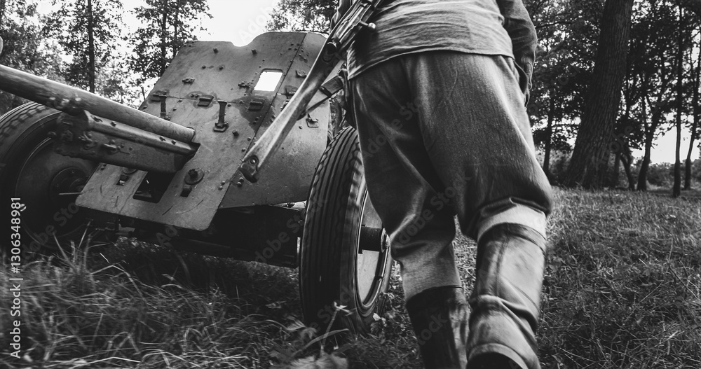 Group Of Re-enactors Dressed As Russian Soviet Red Army Infantry Soldiers Of World War Ii Are Move Soviet 45mm Anti-tank Gun To Preparing Combat Position. Black And White Video