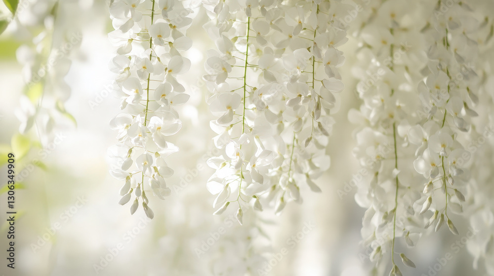Fototapeta premium A cascade of white wisteria flowers bathed in soft sunlight, evoking a dreamlike, ethereal atmosphere.
