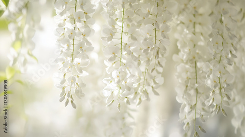 A cascade of white wisteria flowers bathed in soft sunlight, evoking a dreamlike, ethereal atmosphere.

