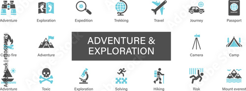 Adventure and Exploration icon set collection. Expedition, trekking, travel, journey, passport, camp fire, adventure, camera, risk and best solid icon set.