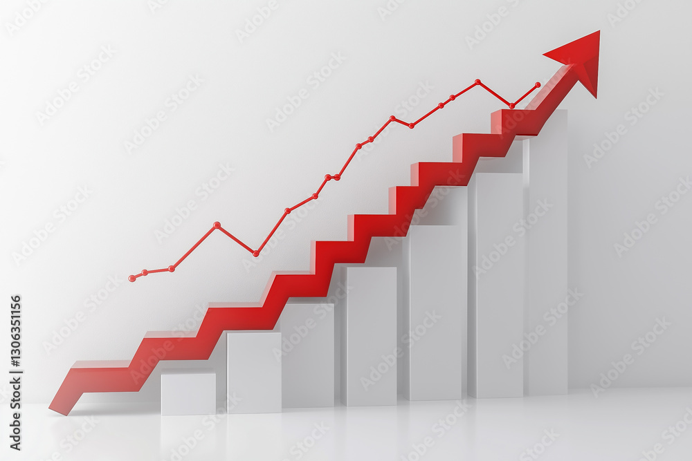 A red arrow on a white background with a ladder in the form of an ascending graph, symbolizing the success or growth of a business A red arrow on a white background with a ladder in the form of an ascending graph, symbolizing the success or growth of a business