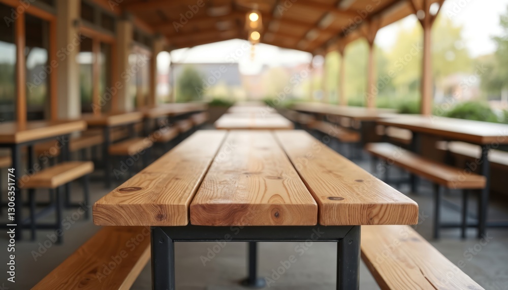 Fototapeta premium Perspective view of wooden beer tables with long benches under roofed patio area. Outside location for party, events, outdoor restaurant. Blurred people sitting at distance. Concept of dining outside.