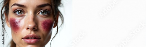 Close-up of woman face with dark bruises, isolated on white. Victim of violence needs help. Stop domestic abuse concept for social ads. Severe pain, hematoma on female face.