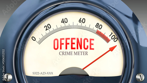 Offence and Crime Meter that is hitting a full scale, showing a very high level of offence, overload of it, too much of it. Maximum value, off the charts.  ,3d illustration