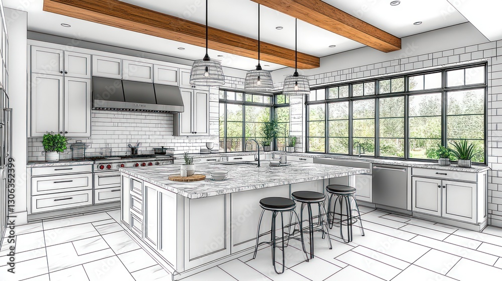 Fototapeta premium Farmhouse kitchen design sketch, interior render, white cabinets, rustic beams, backyard view