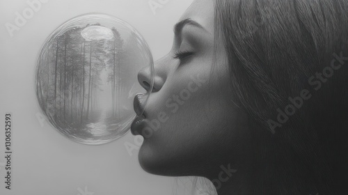 Woman kissing a bubble, forest reflected, monochrome studio portrait photo