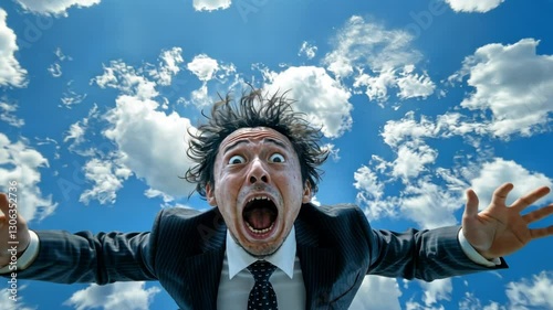 A businessman's terrifying fall from grace, captured mid-air against a vivid blue sky punctuated by fluffy white clouds. A dramatic expression of fear and panic.