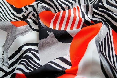 Bright Abstract Textile with Zebra Stripes and Orange Circles Pattern Folds