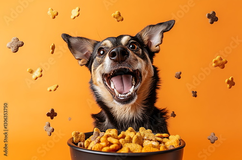 Happy dog in front of bowl of croquettes, AI generative