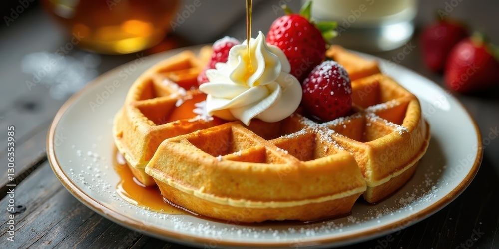 Golden waffles topped with whipped cream and fresh strawberries, drizzled with syrup on a plate Golden waffles topped with whipped cream and fresh strawberries, drizzled with syrup on a plate