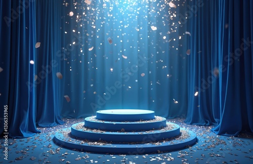 Blue stage illuminated spotlights, falling confetti creating festive atmosphere. Curtains adorn background, enhancing elegant ambience for events, performances, celebrations, product launches,