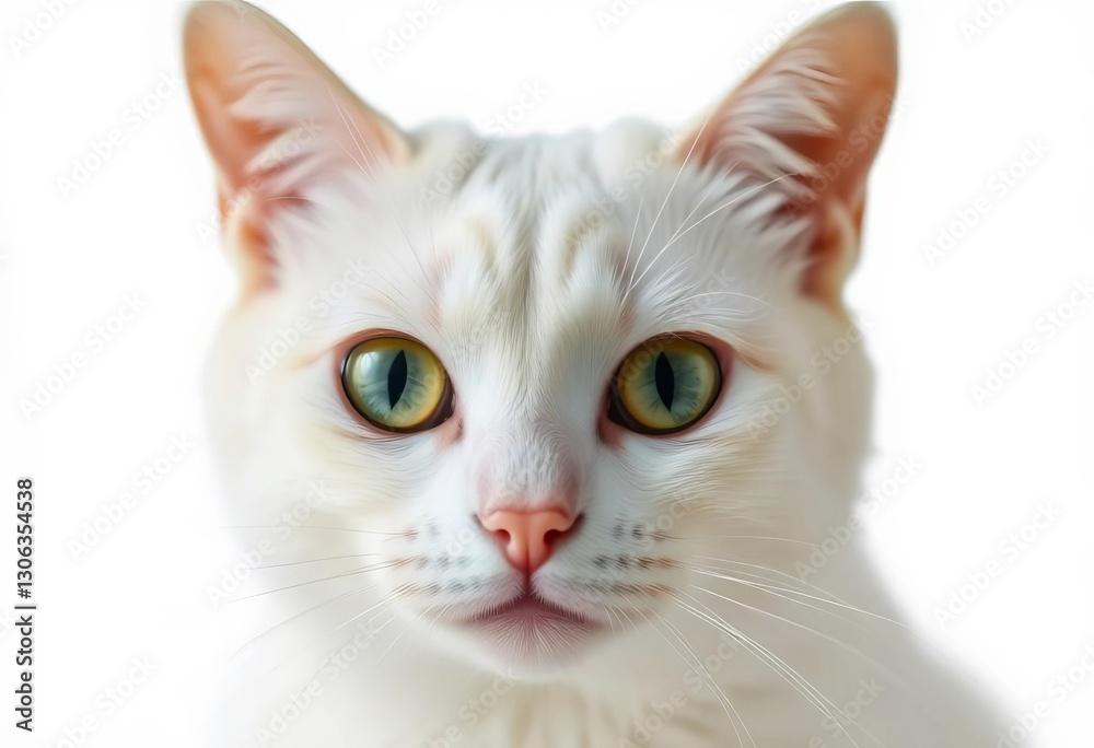 A pristine white cat with striking green eyes stares directly at the viewer, isolated on a white background, animal portrait, close-up A pristine white cat with striking green eyes stares directly at the viewer, isolated on a white background, animal portrait, close-up
