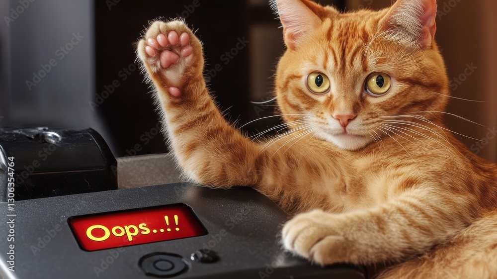 Cat playfully interacting with device and raising paw during an amusing moment at home Cat playfully interacting with device and raising paw during an amusing moment at home