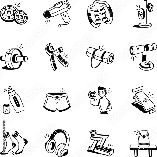 Bundle of Hand Drawn Gym Equipment Icons 
