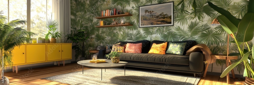 Tropical living room interior with yellow cabinet. Tropical living room interior with yellow cabinet.