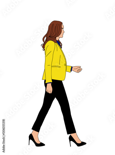 Business woman walking side view. Pretty lady boss in formal office outfit, yellow jacket, black pants and high heels. Vector realistic illustration isolated