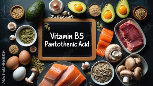 Vitamin B5 (Pantothenic Acid) Foods Flat Lay: A Nutritious and Aesthetic Display photo