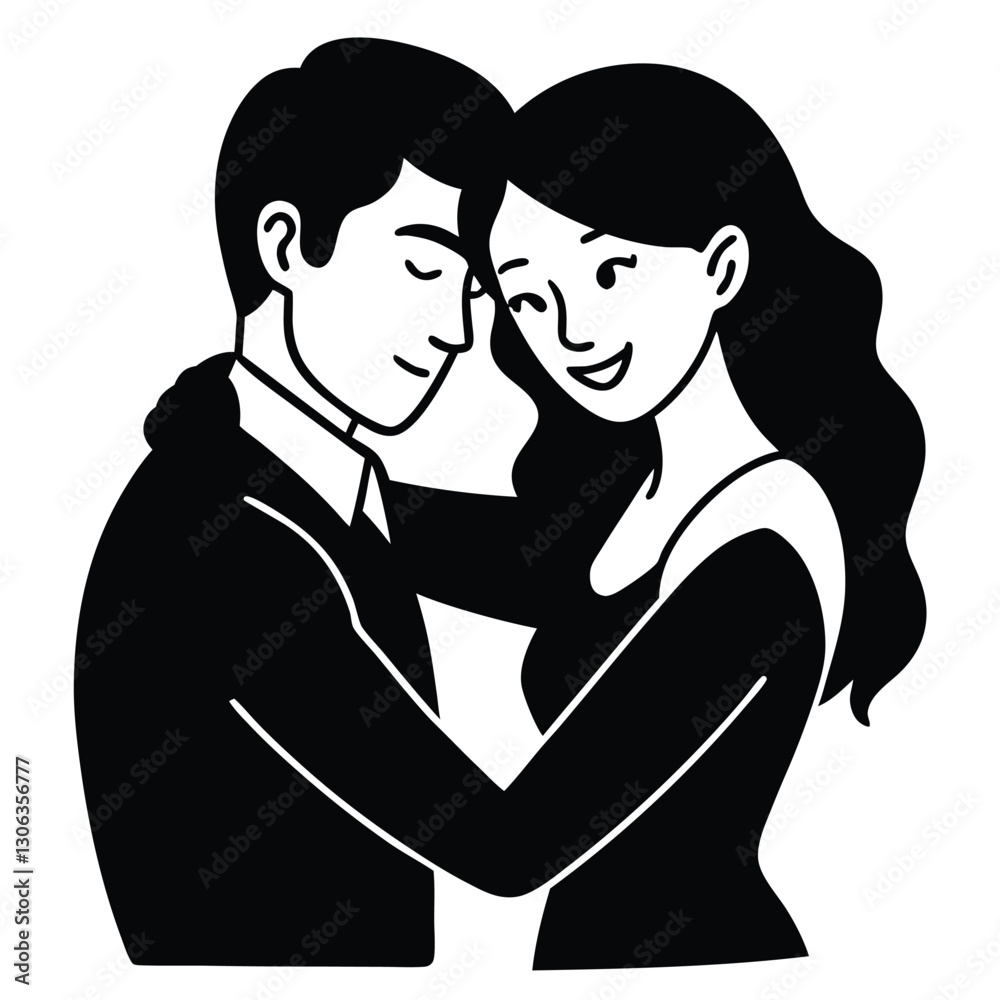 Minimalist art of smiling couple in romantic unity Minimalist art of smiling couple in romantic unity