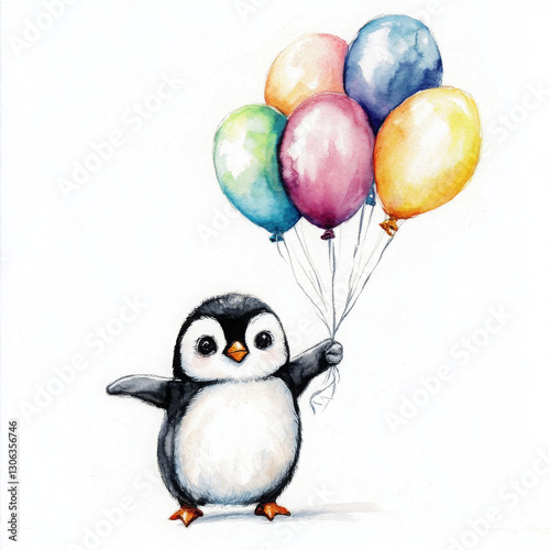 Cute penguin holding colorful balloons in joyful scene
