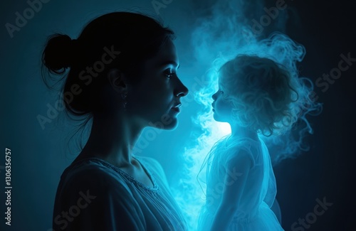Woman meets inner child, glowing silhouette. Self-reflection on youth, spirit. Mother connects kid soul, embrace potential. Psychological growth, transformation from innocence, memory, freedom to