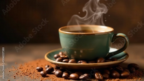 Aromatic Coffee Steam Rising from a Rustic Teal Mug Resting on a Saucer Adorned with Roasted Beans and Cocoa Powder