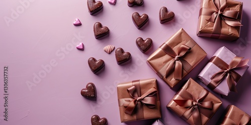 Top view of a Valentine's Day festivity with boxed gifts and candies over an attractive pink backdrop with content space, Generative AI.