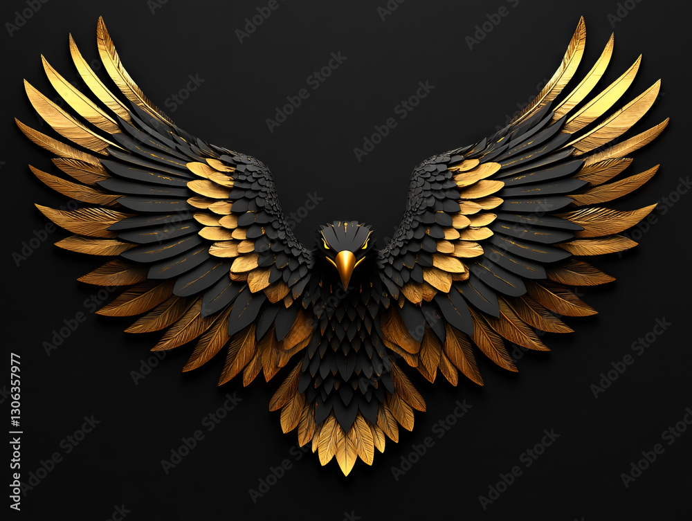 Fototapeta premium Stylized eagle with intricate black and gold feathers against a dark background