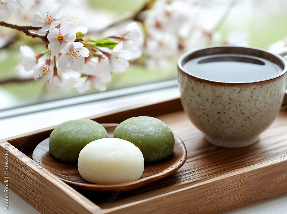 a wooden plate with three round mochi pastries, a wooden plate with three round mochi pastries,