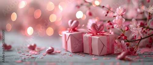 Wrapped present boxes and hearts on a pastel pink foreground make up beautiful Valentine's Day flat lay design plus text gap, Generative AI.