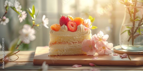 In-depth of an organic vanilla cake set on a tray of wood with fresh fruits and cream frosting on top captured from the outside, Generative AI.