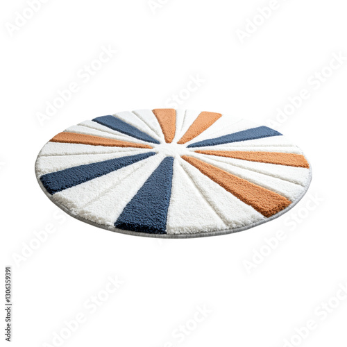 A round rug featuring a geometric pattern with alternating colors in stripes of blue, orange, and white.