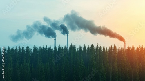 environmental protection pollution reforestation, Industrial smoke billows from chimneys above a forest at sunrise, highlighting environmental impact.