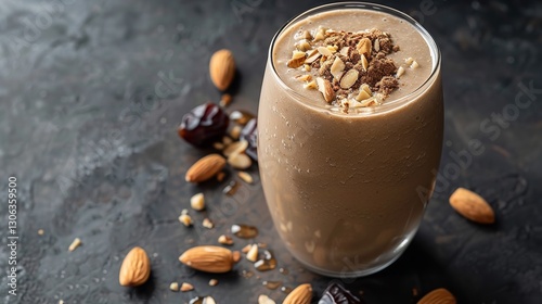 Date shakes with almond milk, walnuts, chocolate and dried fruits all mixed together in a glass over a dark backdrop, Generative AI.