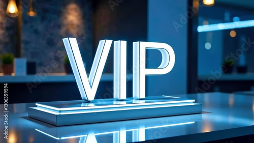 A glowing VIP sign stands prominently in an upscale venue, highlighting exclusivity during the evening