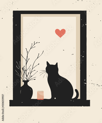 Cat in Window Seat Gazing Out with Heart with Copy Space