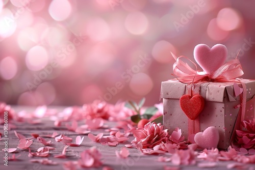 Wrapped present boxes and hearts on a pastel pink foreground make up beautiful Valentine's Day flat lay design plus text gap, Generative AI.