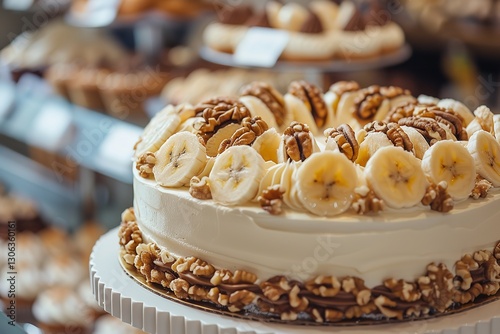 An illustration of an oval banana cake topped with butter frosting having almonds on the bottom tier and sliced bananas atop, Generative AI.