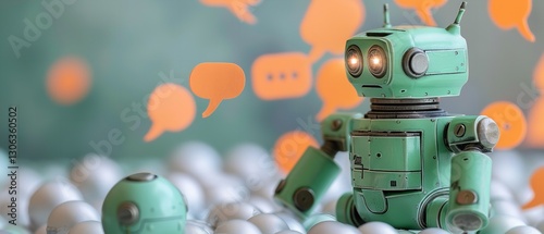 Artificial intelligence chatbot theory, an ecologic robot with a mechanical feel encircled by conversation signs, Generative AI.