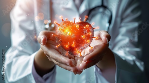 An illustration of a physician carrying an infected heart in both hands while wearing a stethoscope over an unclear backdrop, Generative AI.