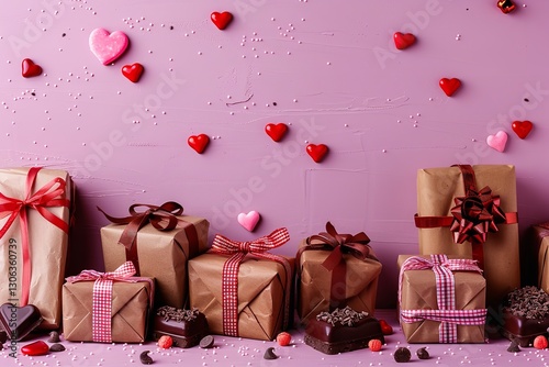 Top view of a Valentine's Day festivity with boxed gifts and candies over an attractive pink backdrop with content space, Generative AI.