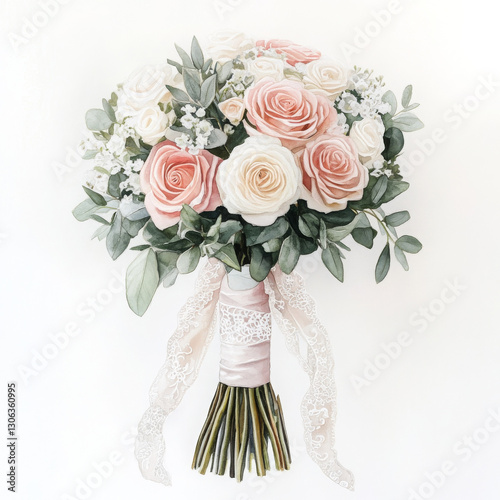 Beautiful bouquet of pink and white roses with greenery and lace
