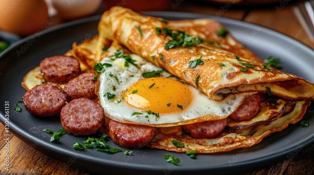 Savory Breakfast Crepe Containing Sausage and a Fried Egg Savory Breakfast Crepe Containing Sausage and a Fried Egg