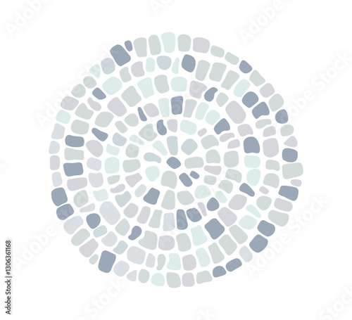 Blue antique stone circular mosaic pattern. Decorative Greek antique stone ornament. Round paving circular floor tile. Abstract brick mosaic texture. Vector illustration isolated on white background.