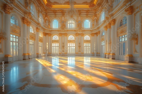 Stunning Grand Hall with Golden Accents and Warm Sunlight Streaming Through Windows