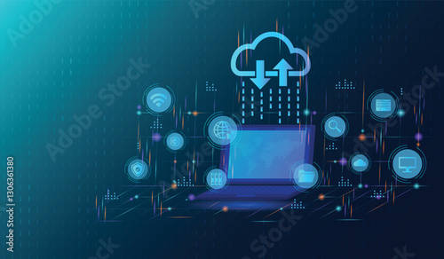 Cloud computing concept, using Cloud service to manage document, digital files storage and transfer. Doc sharing and file access, backup and sync data, online documentation database technology icons.