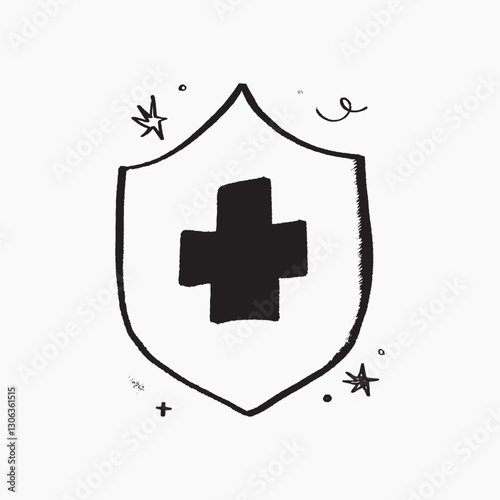 Health insurance, shield and plus sign doodle, illustration vector